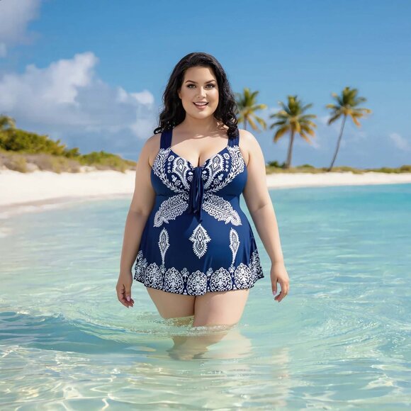 Plus Navy Blue Paisley Print 2Pc Swimdress Set Wide Strap Women Size 26 Swimwear - Picture 8 of 12
